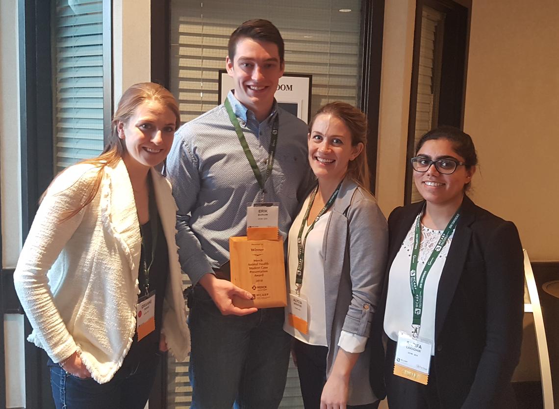 Vet med students Gráinne Pierse, Erik Burow, Alycia Webster and Sarifa Lakhdhir represented UCVM in the student case presentation competition at the recent Western Canadian Association of Bovine Practitioners conference in Calgary.  Burow took home top honours. Photo by Dr. Claire Windeyer