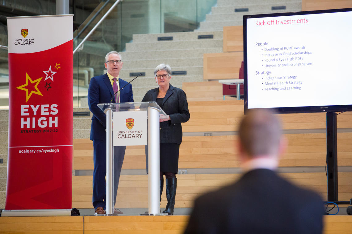 Ed McCauley, vice-president (research) at the University of Calgary, and Dru Marshall, provost and vice-president (academic), speak at a town hall on Thursday where the renewed Academic and Research Plans were presented. Photo by Riley Brandt, University of Calgary