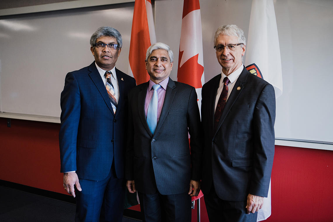 From left, Vice-Provost (International) Janaka Ruwanpura, High Commissioner of India to Canada Vikas Swarup, and Dean of the Haskayne School of Business Jim Dewald.