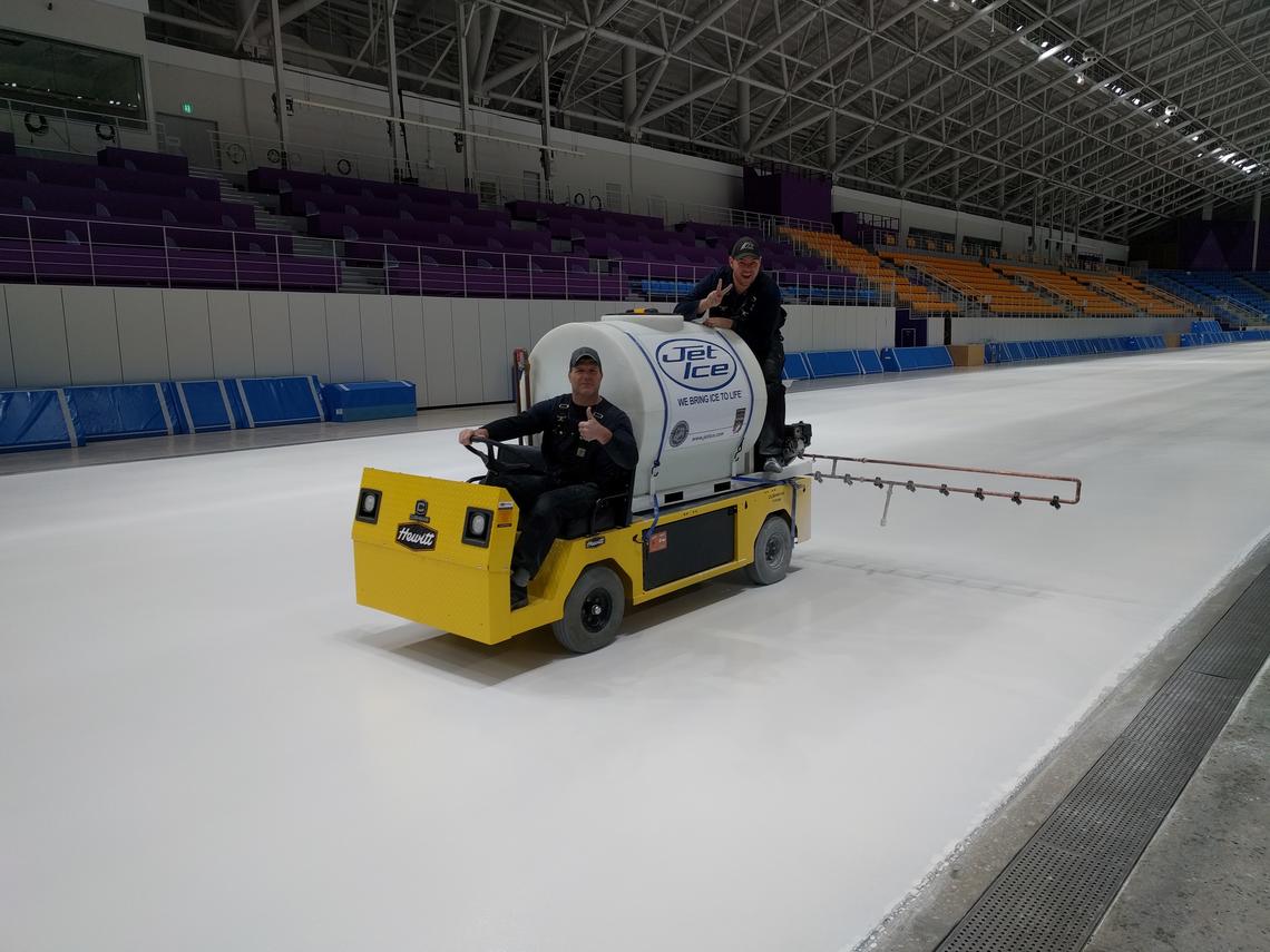 Olympic Oval icemaking experts prepare the long-track surface in Pyeongchang. Photos courtesy Luke Janetzki