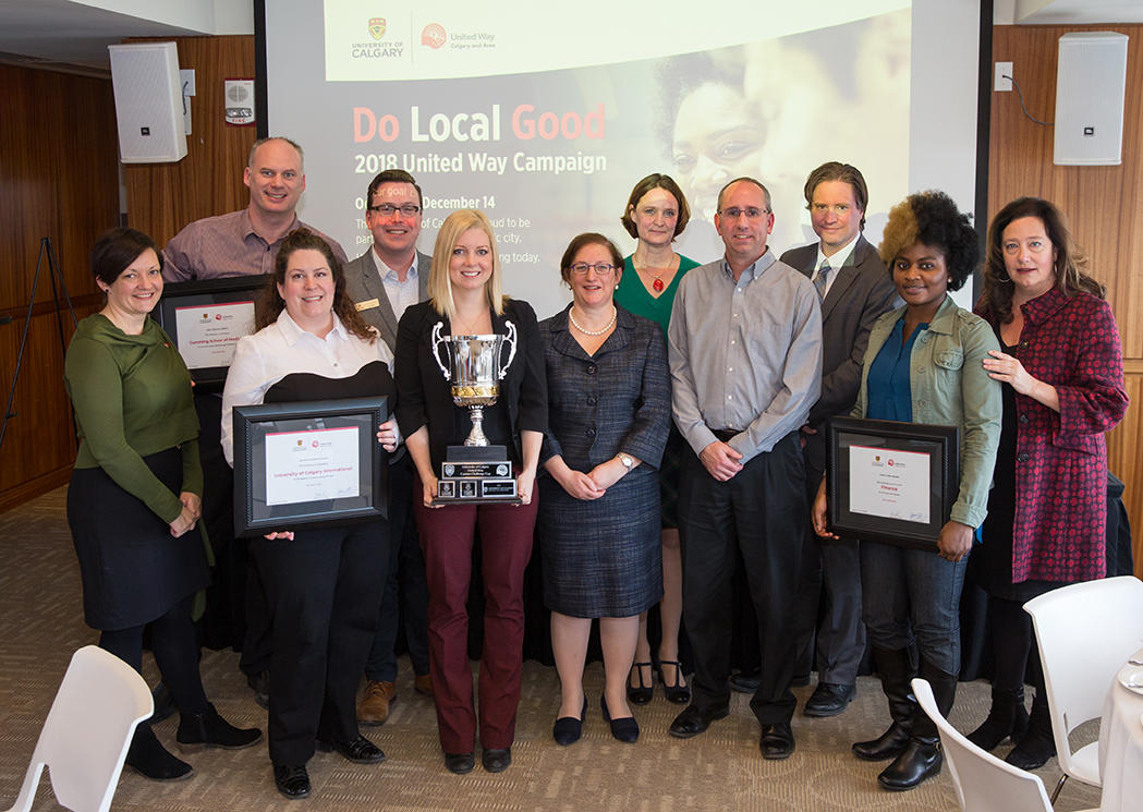 The University of Calgary United Way team and award winners, from left: Amy Mykes, Community Engagement; Kyle Marr, Cumming School of Medicine; Melanie Zimmer, International; DJ Kelly, Community Engagement; Melanie Yar Khan, International; Diane Kenyon, University Relations; Cindy Graham, Faculty of Science; Shane Royal, Ancillary Services; Bill Rosehart, Schulich School of Engineering; Adalberta Semtetam, Finance; Susan Mide-Kiss, Community Engagement. Photo by Riley Brandt, University of Calgary