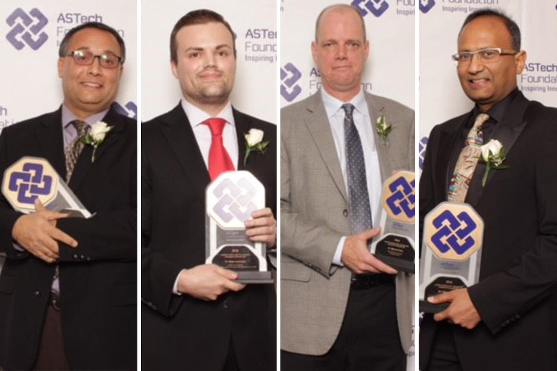 University of Calgary recipients of ASTech Awards, from left: Ian Gates, Ryan Lewinson, Warren Piers, and Mayank Goyal. Photos courtesy ASTech Foundation  