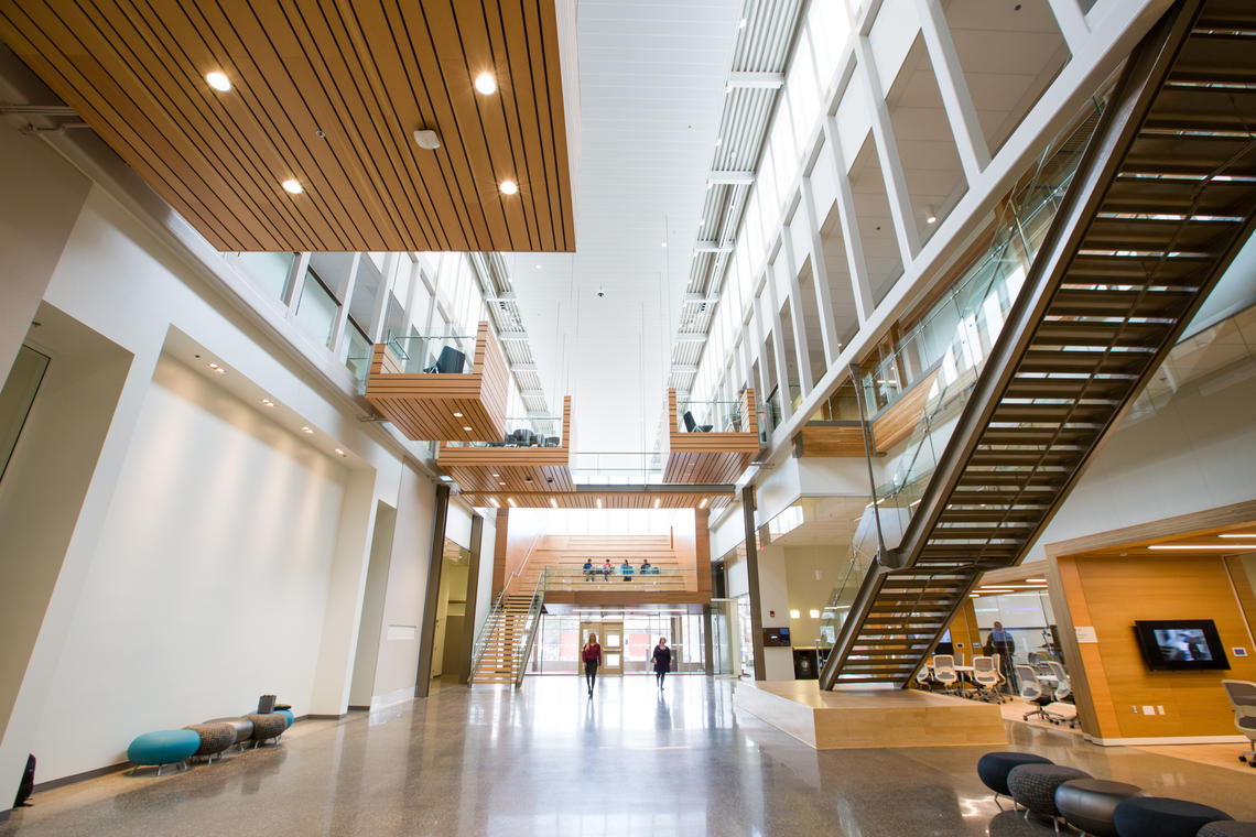 The atrium of the Taylor Institute is flooded with light from the large windows in the building’s spine, which runs east to west across the building.