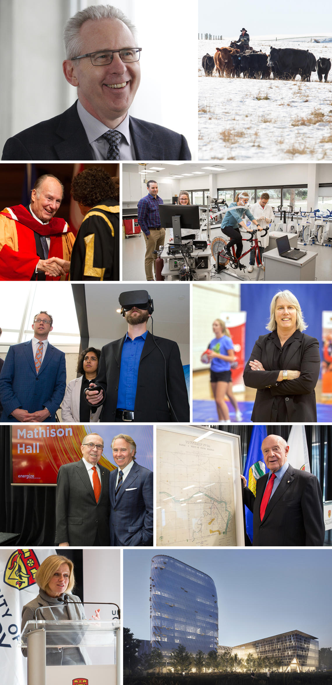 Clockwise from top left: Ed McCauley, ninth president of the University of Calgary; Anderson-Chisholm family gifts a working ranch to the Faculty of Veterinary Medicine; Faculty of Kinesiology ranks No. 1 among North American sport science schools; Carolyn Emery will lead a concussion research program at Canadian high schools; donation from Bill Siebens and family supports the historic relocation of the Glenbow Library and Archives to the university; construction begins on the MacKimmie redevelopment; Premi