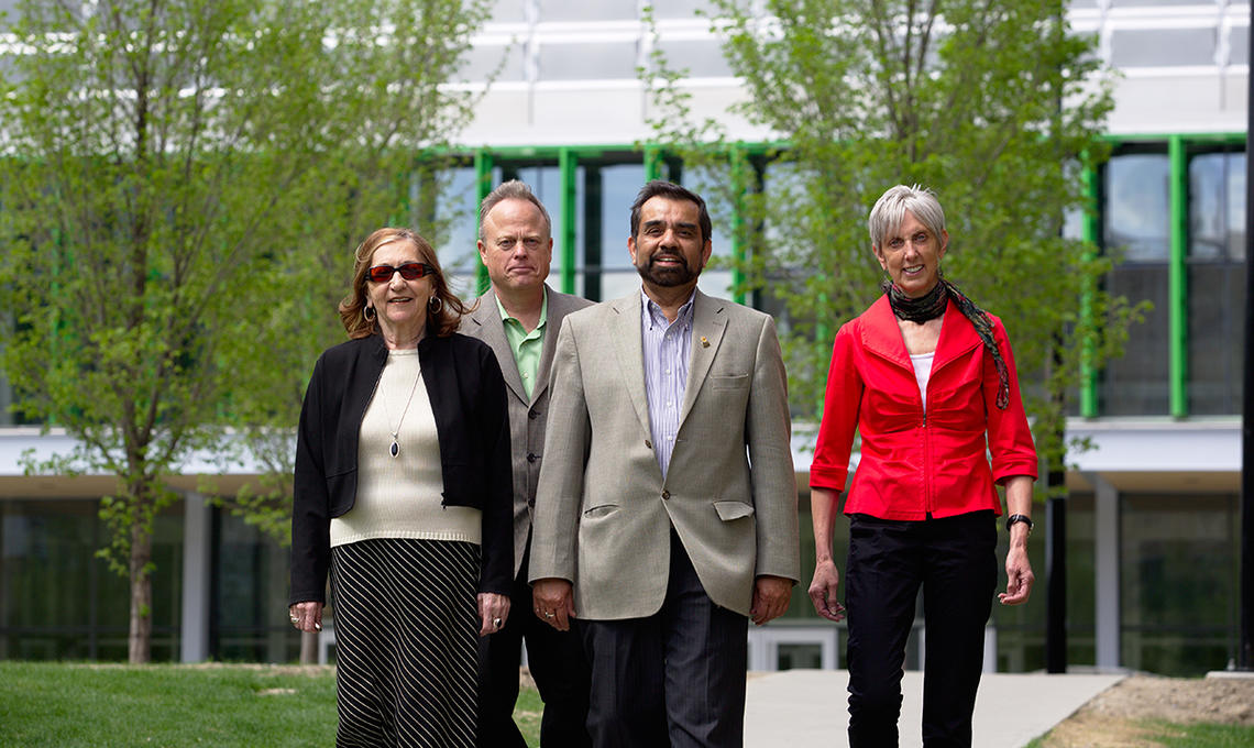 Members of the program planning committee for the Energy Summit, from left: Julie Rowney, Haskayne School of Business; Allan Ingelson, Faculty of Law and Haskayne School of Business; Anil Mehrotra, director of SEDV program, Schulich School of Engineering; and Irene Herremans, Haskayne School of Business. Missing from the photo is fellow committee member Mary-Ellen Tyler, Faculty of Environmental Design.