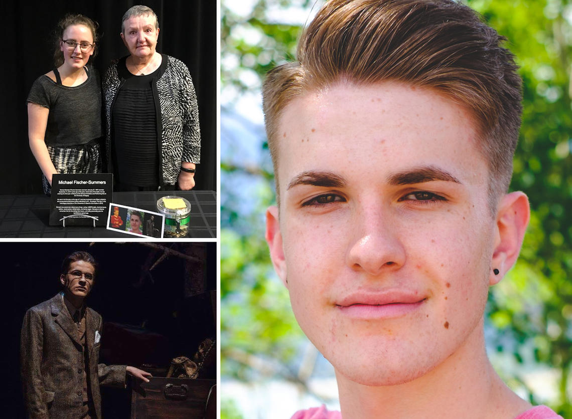 University of Calgary drama student Michael Brendan Fischer-Summers was noted for his spirit of generosity and his support and mentoring of fellow students. Photo at top left: The first winner of the Michael Brendan Fischer-Summers Award in Kindness, drama student Nicole Logan, with Brenda Fischer. Bottom left: Michael performs in a play in the drama division of the School of Creative and Performing Arts. 