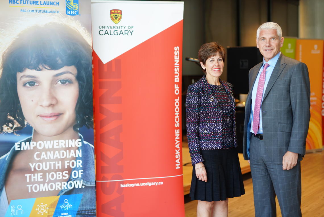 University of Calgary Chancellor Debra Yedlin and Jeff Boyd, regional president, Alberta and the Territories, RBC Royal Bank announce an additional $1 million gift to entrepreneurial thinking at yesterday's fifth annual RBC Fast Pitch Competition. 