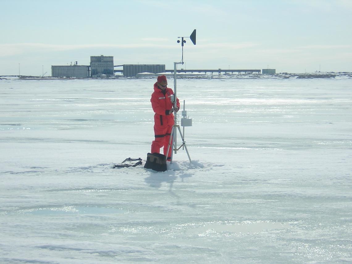 University of Calgary researchers install meteorological equipment on the sea ice near the Port of Churchill, the future home of the Churchill Marine Observatory.
