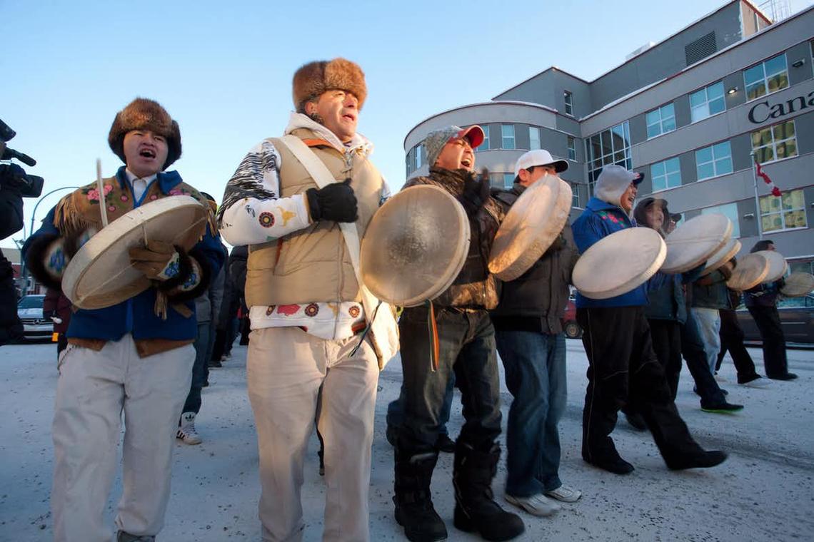 About 100 people march in a demonstration in downtown Yellowknife in 2012. Idle No More organizers opposed the Harper government’s omnibus budget legislation, Bill C-45, and accused the Conservative government of trampling on treaty rights.