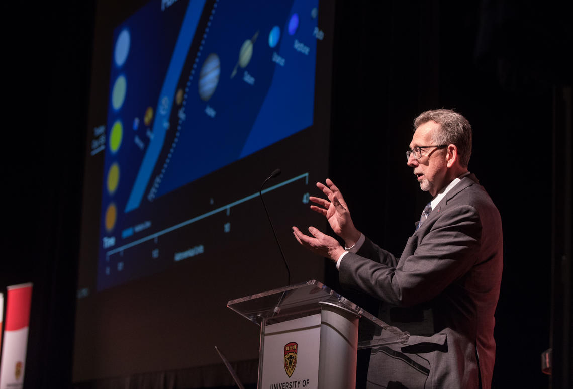 Dr. James Green, NASA's Chief Scientist, speaking at the Gallagher Colloquium Series on February 20