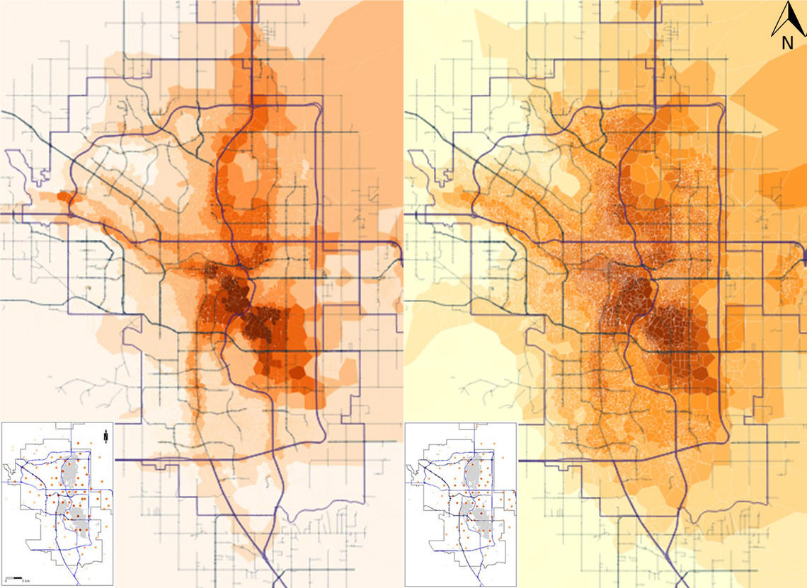 Summer (left) and winter (right) NO2 (nitrogen dioxide) levels in Calgary, estimated from 99 summer and 94 winter samples, shown in the insets.