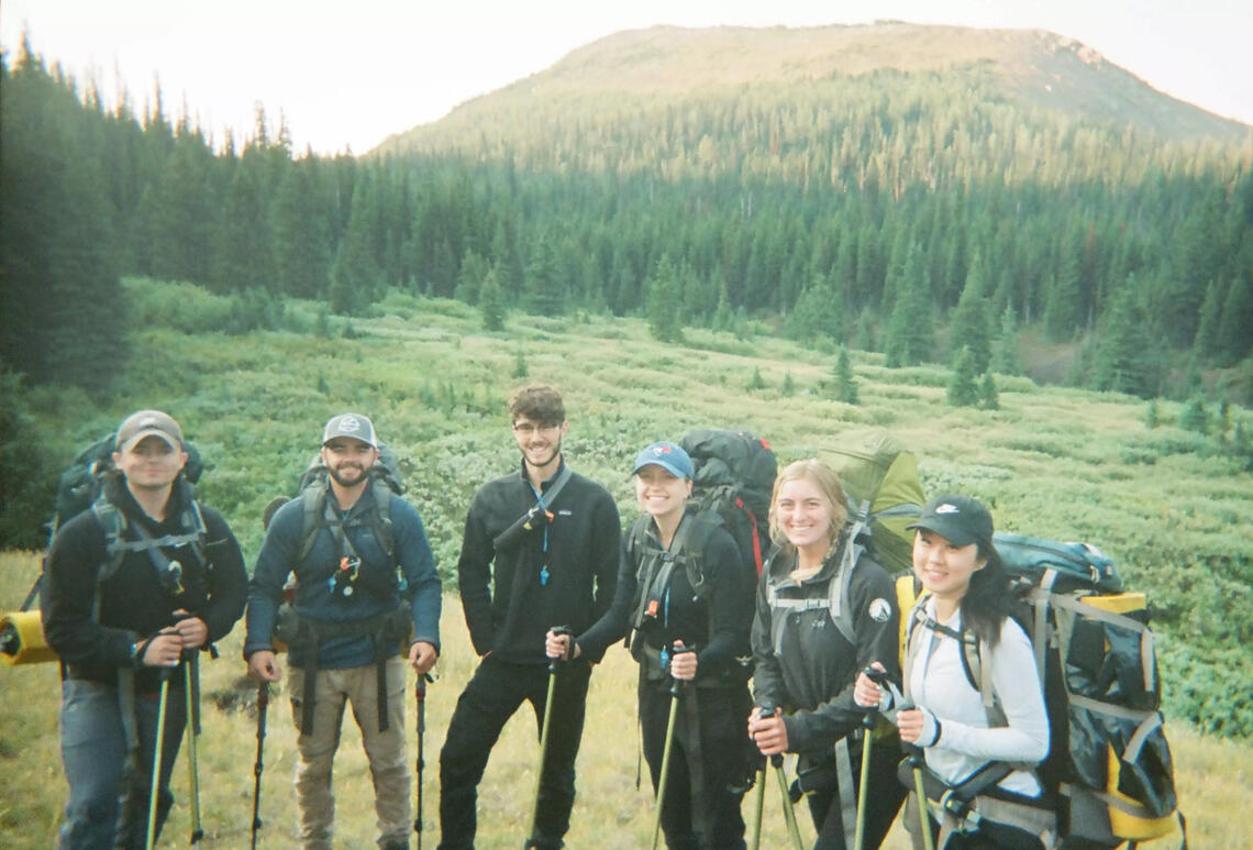Leadership Expedition participants in the mountains: (from left to right): Dante Rea, Campbell Laidlaw, Conrad Carter, Daylen Wathen, Sophia Weston, Ann Tan.