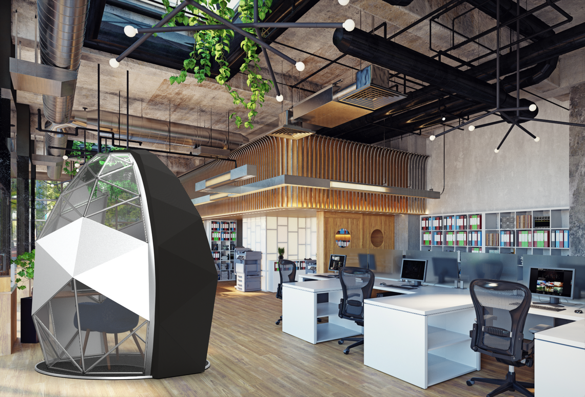 Rendering of Baretta's study pod in an office space