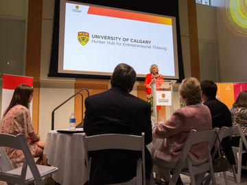 Elizabeth Cannon, University of Calgary president and vice-chancellor, announces a donation of $40 million to the University of Calgary to establish the Hunter Hub for Entrepreneurial Thinking.