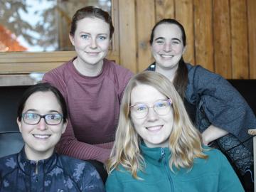 During their two weeks of isolation in Yellowknife, the students worked on online course material and gave Zoom presentations to school kids in the Sahtu villages. From left, Emily Dorey, Madison Anderson, Chelsey Zurowski, and Kelsie Paris. 
