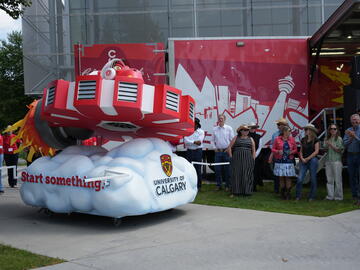 The float being revealed to the campus community at the President's Stampede BBQ.