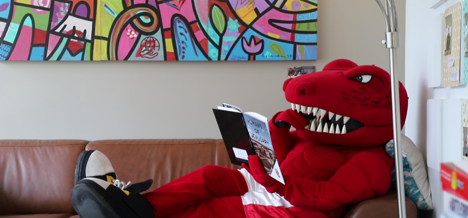 Rex sitting on a couch, reading a book