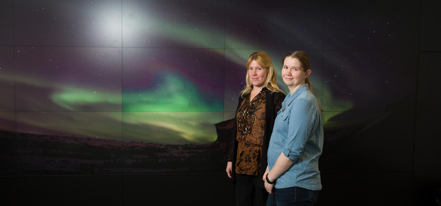 Susan Skone, associate professor in geomatics engineering (left), and Emma Spanswick, associate director of the Aurora Imaging Group, are both working with the Canadian Space Agency to look at how space weather is interfering with GPS signals. Photo by Riley Brandt, University of Calgary 