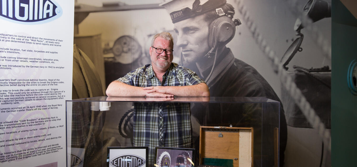 History Professor John Ferris has been named the “Authorized Historian” in chronicling the history of its British communications intelligence agency (Government Communications Headquarters). Ferris stands next to an Enigma machine, a type of enciphering machine used by the German armed forces to send messages securely.