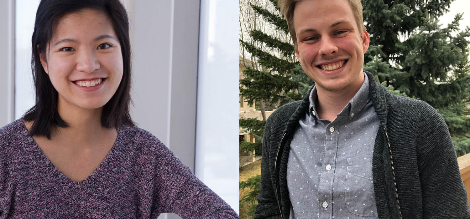 To the left is Cindy, a student with dark hair and wearing a purple sweater. To the right is Graham, who has medium brown hair and is wearing a dark blue zip up cardigan with a light blue button up shirt. Both are looking at the camera and smiling. 