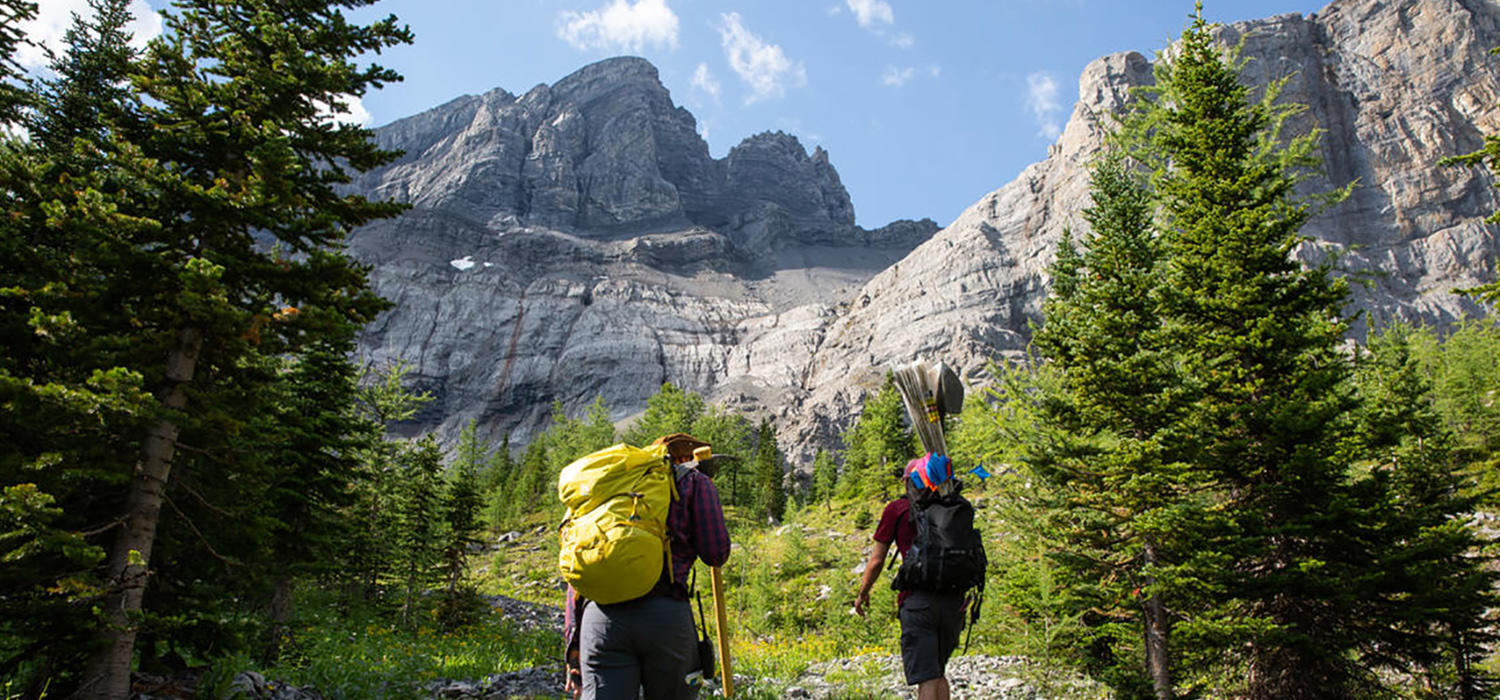 Geoscience students walking on Fortress Mountain