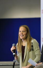 University of Calgary alumna Jessica Gregg, two-time Olympian and Olympic medallist, was inducted into the Olympic Oval Hall of Champions Nov. 4. With her is event MC Mike Moman.