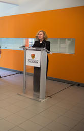 University of Calgary professors Tom Keenan, left, and Sasha Tsenkova, right, speak at an event where the new certificates were announced by the Faculty of Environmental Design. Photo by Riley Brandt, University of Calgary 