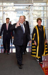 His Highness the Aga Khan, second from left, arrives at the University of Calgary's Rozsa Centre Wednesday where he was conferred an Honorary Doctor of Laws. With him are University of Calgary Chancellor Deborah Yedlin, centre, and President Elizabeth Cannon. Photos by Riley Brandt, University of Calgary 