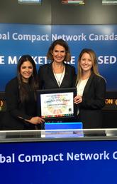 Aine Keogh, right, UCalgary’s associate director, operational sustainability reporting, Office of Sustainability, and Nalini Andrade, manager, international development, University of Calgary International, accept the SDG award from Helle Bank Jorgensen, president, Global Compact Network Canada.  
