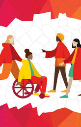 A designed graphic shows groups diverse groups of women walking across the image, over a background of differently coloured triangles.