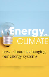 A blue and yellow visual with a lightbulb and the words 'Energy vs. Climate'