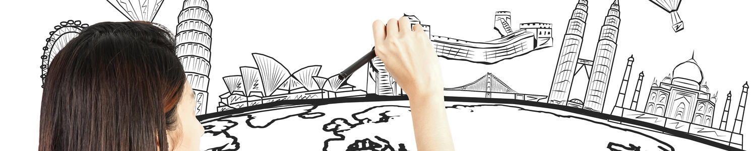 An Asian woman drawing the globe and world monuments