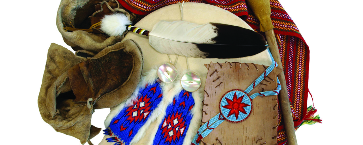 This depiction includes items from six Indigenous academics: Jacqueline Ottmann’s blue and red beaded hair ties; the moccasins once worn by Phyllis Steeves’ grandfather; Greg Lowan-Trudeau’s birch bark makuk holds his beaded star; the eagle feather was given to Lyn Daniels; the Métis sash belongs to Yvonne Poitras Pratt; Karlee Fellner’s hand drum frames the collection