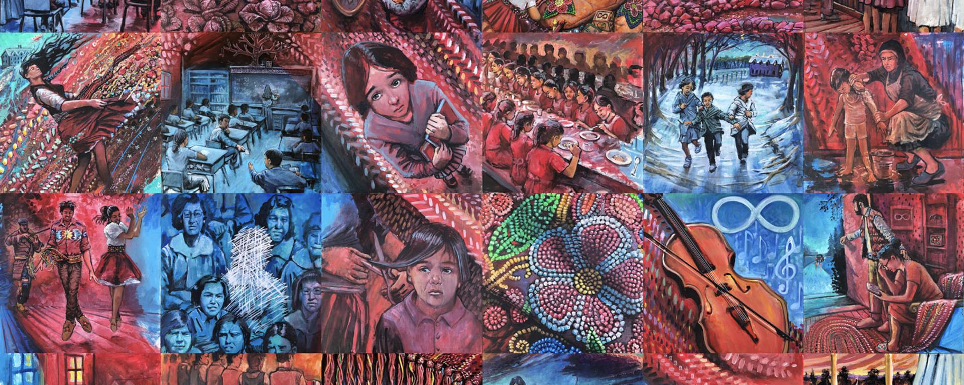 A powerful educational resource of 24 scenes in a mural designed to acknowledge, highlight, and share Métis residential school survivor experiences.