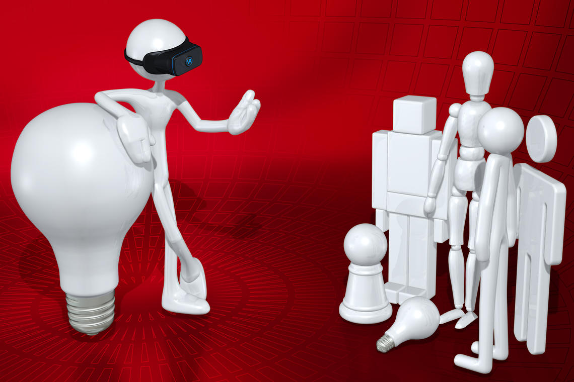 Figure wearing Virtual Reality goggles talking to a group of other figures (illustrative)