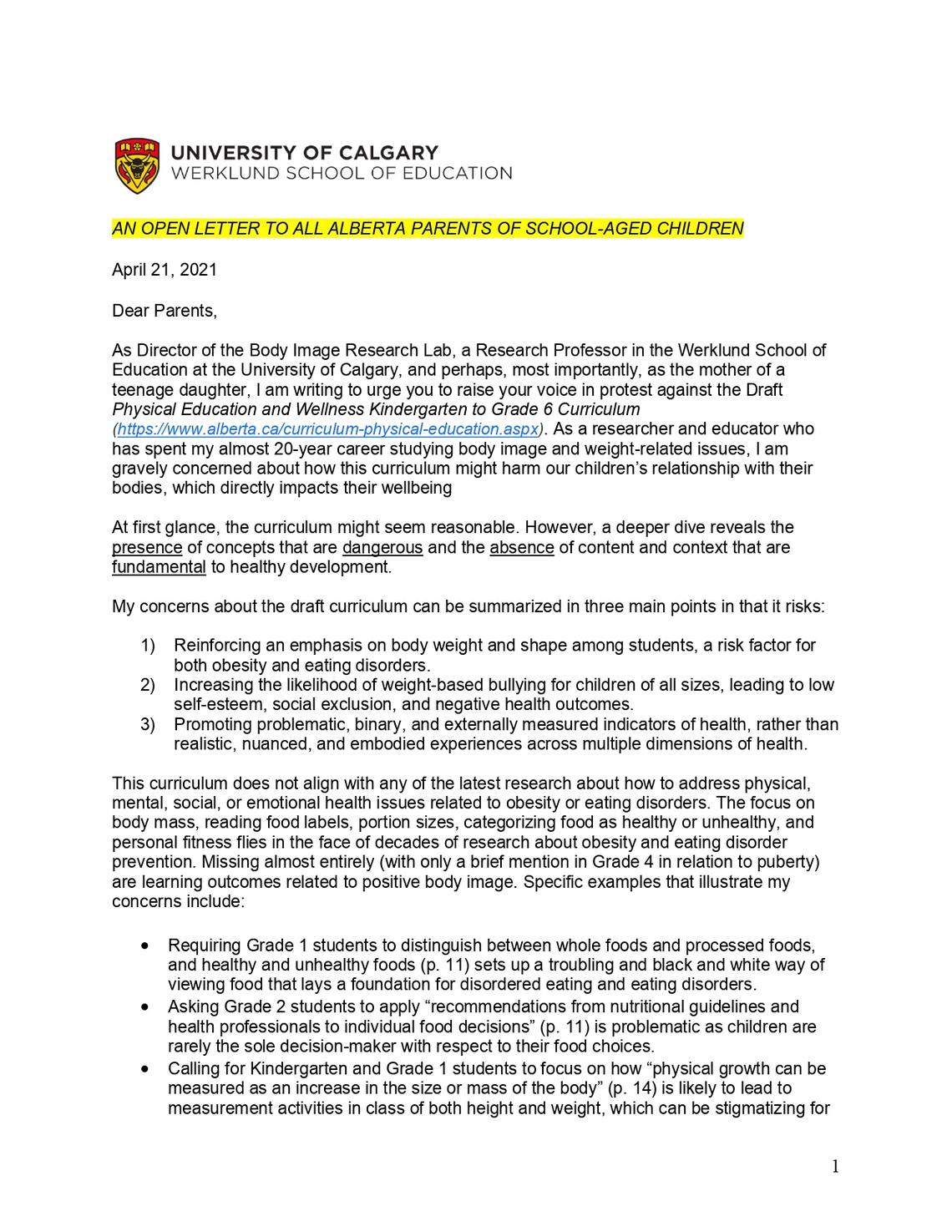 Open Letter Page 1 Page 1