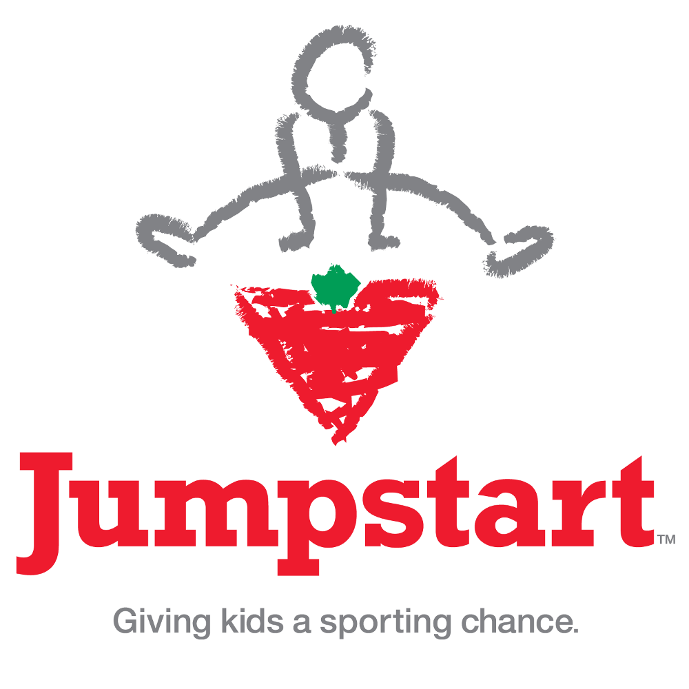 Jumpstart guy jumping over logo