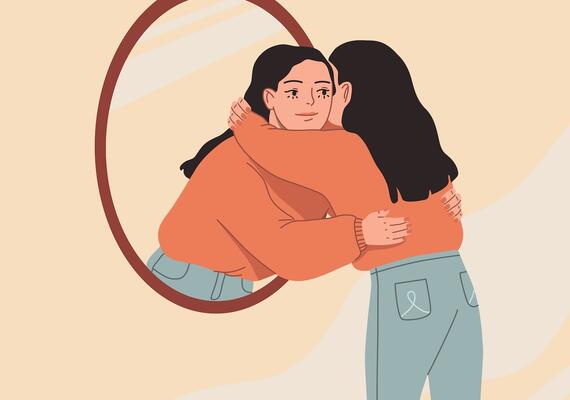 A woman embraces her own reflection in a mirror
